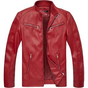 Men's Red Faux Leather Stand Collar Slim Fit Zipper Classic Biker Jacket